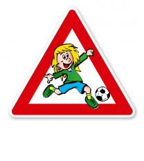 Verkehrsschild Achtung, spielende Kinder - Fußballspielerin