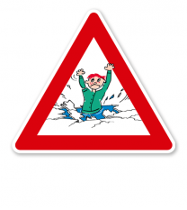 Verkehrsschild Warnung vor Eiseinbruch - Kind
