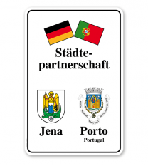 Schild Städtepartnerschaft mit 2 Flaggen u. 2 Wappen - weiß - WH