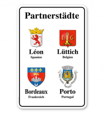 Schild Städtepartnerschaft mit 4 Wappen - weiß - WH