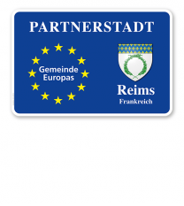 Schild Städtepartnerschaft mit EU-Sternen und 1 Wappen - quer - WH