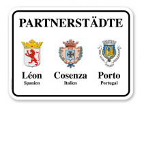 Schild Städtepartnerschaft mit 3 Wappen - weiß - quer - WH