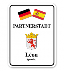 Schild Städtepartnerschaft mit 2 Flaggen u. 1 Wappen - weiß - WH
