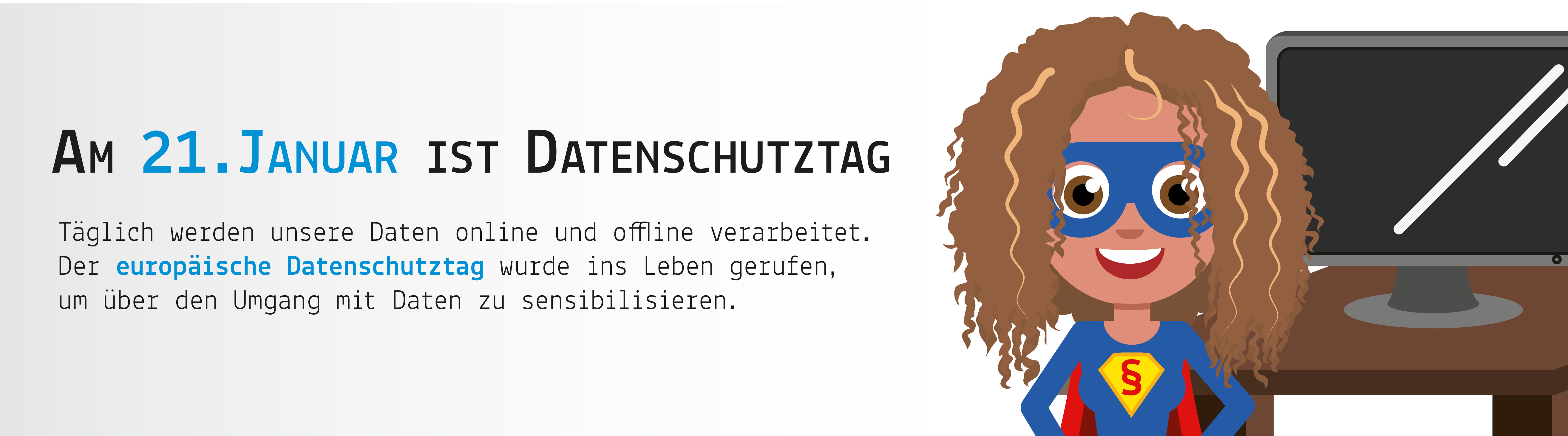 Der Superheld unserer Datenschutzbeauftragten vor einem Computer